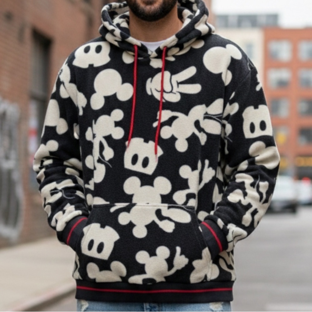 Disney Mickey Mouse unisex all over print Fleece hoodie Pullover XXL Gay Cream